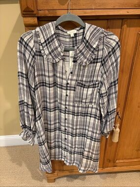 Pilcro Black & White Plaid Button-Down Dress with Ruffle Collar Size SP NWTs
